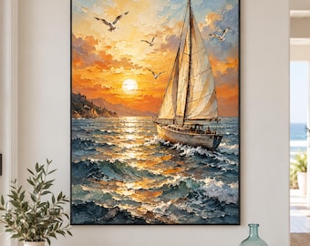 Pintura al óleo de un velero al atardecer, arte mural costero, paisaje marino, pintura náutica con técnica de empaste, decoración para casas de playa, arte mural vertical.