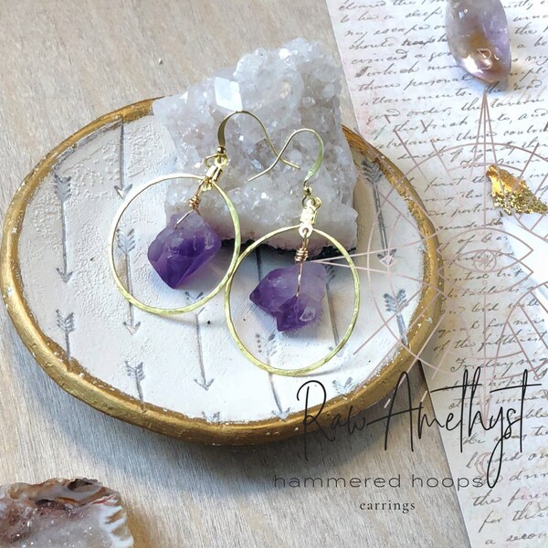 Hammered Hoops Raw Amethyst Earrings