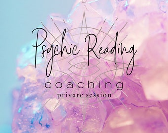 Puede incluir: Un fondo de cristal rosa y morado con un diseño geométrico y el texto "Psychic Reading Coaching Private Session" y "Blythe Starlight" en una fuente plateada.