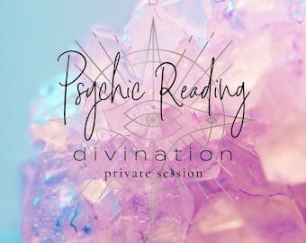 May include: A pink and purple crystal background with a silver geometric design and the text "Psychic Reading divination private session" and "BLYTHE STARLIGHT".