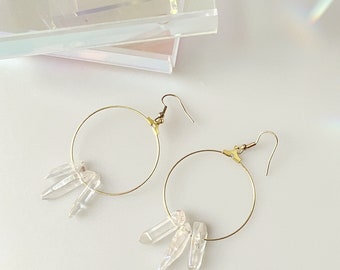 Pendientes de aro de aura brillante -Pendientes de aro de cuarzo Angel Aura- Pendientes de aro minimalistas