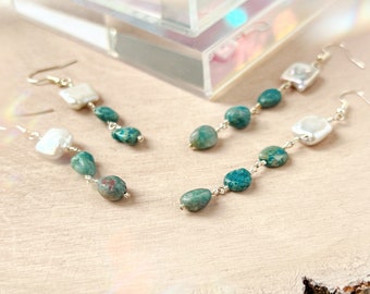Pearl and Chrysocolla Drop Earrings - Dangle Earrings - 3 inch or 2.5 inch earrings