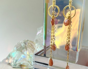 Long Chain Dangle Earrings with Sunstone - Solar Flare Dangle Earrings - Limited Release Snow Full Moon in Aquarius