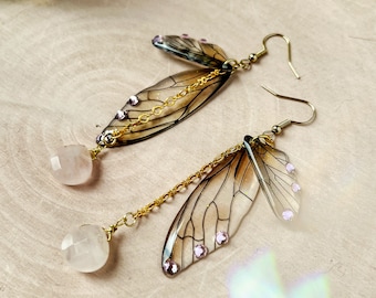 Loving Transformation Butterfly Wing Drop earrings featuring Rose Quartz - Rose Quartz Dangle Earrings with Transparent Butterfly Wings
