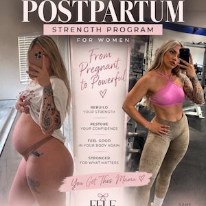 May include: A digital flyer for a 12-week postpartum strength program titled From Pregnant to Powerful. It features two photos of the same person, one pregnant and one fit, with text listing program goals and the FFLF Fight For Life Fitness logo.