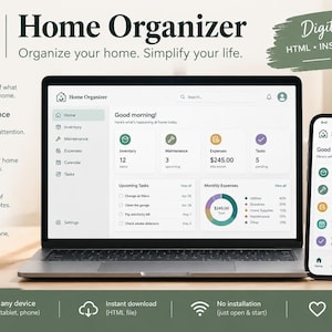 Peut inclure: Un ordinateur portable et un smartphone affichant l'interface de l'application numérique Home Organizer. L'écran présente un tableau de bord avec inventaire, maintenance, dépenses et tâches. Le texte inclut Home Organizer, Organize your home. Simplify your life, et Digital App HTML Instant Access.