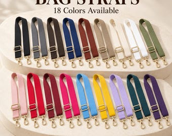 May include: Eighteen adjustable bag straps in various solid colors including black, gray, brown, blue, red, beige, white, olive, pink, yellow, lavender, teal, and purple. Each strap features gold-tone metal sliders and swivel lobster clasps.