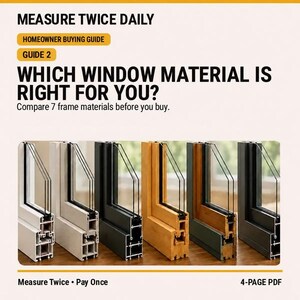 Może przedstawiać: Poradnik zakupowy dla właścicieli domów zatytułowany MEASURE TWICE DAILY GUIDE 2 WHICH WINDOW MATERIAL IS RIGHT FOR YOU? Compare 7 frame materials before you buy. Obraz przedstawia sześć próbek przekrojów ram okiennych w różnych kolorach.