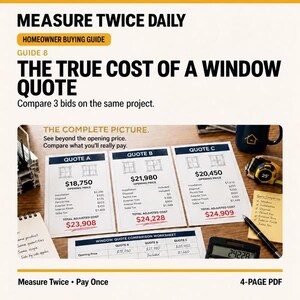 Puede incluir: Una guía PDF de cuatro páginas titulada Measure Twice Daily: The True Cost of a Window Quote. Incluye tres presupuestos comparativos para proyectos de ventanas, una hoja de cálculo, una calculadora, una cinta métrica y una taza sobre madera.
