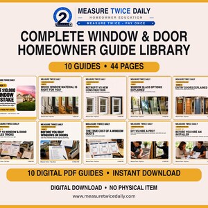Op de afbeelding: Een digitale collectie getiteld Complete Window & Door Homeowner Guide Library, bestaande uit 10 gidsen en 44 pagina's. De bibliotheek bevat individuele gidsen over raammaterialen, renovatie, glasopties en toegangsdeuren.