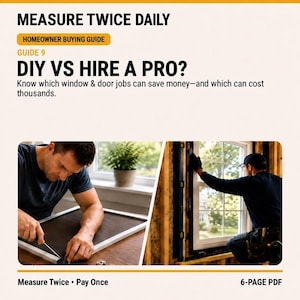 May include: A 6-page PDF homeowner buying guide titled Measure Twice Daily, Guide 9, DIY vs Hire a Pro? The document features text about window and door jobs and two photos: one of a person using a screwdriver on a screen frame and one of a person installing a window.