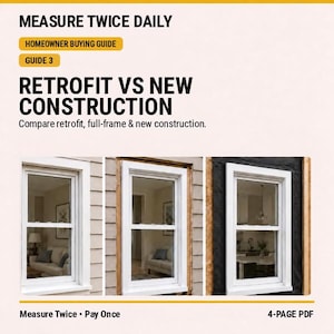 Op de afbeelding: Een vierpagina's tellende PDF-koopgids voor huiseigenaren met de titel MEASURE TWICE DAILY, GUIDE 3, RETROFIT VS NEW CONSTRUCTION. Het bevat drie afbeeldingen naast elkaar van witte ramen in verschillende installatiefasen, met de tekst Compare retrofit, full-frame & new construction en Measure Twice • Pay Once.