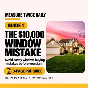 Puede incluir: Una descarga digital titulada Measure Twice Daily Guide 1 The $10,000 Window Mistake. El texto aconseja evitar errores costosos al comprar ventanas. Incluye un icono de guía PDF de 3 páginas y una fotografía de una casa al atardecer.