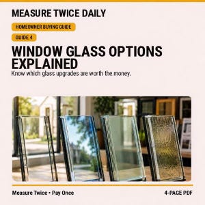 Könnte beinhalten: Ein 4-seitiger PDF-Ratgeber mit dem Titel MEASURE TWICE DAILY HOMEOWNER BUYING GUIDE GUIDE 4 WINDOW GLASS OPTIONS EXPLAINED. Das Dokument zeigt vier rechteckige Glasmuster mit unterschiedlichen Texturen und Tönungen.