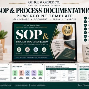 Op de afbeelding: Een digitale PowerPoint-sjabloon voor SOP- en procesdocumentatie van Office & Order Co. Het scherm toont een donkergroene dia met gouden tekst, iconen en een lijst van 20 bewerkbare dia's. Een witte mok staat naast de laptop.