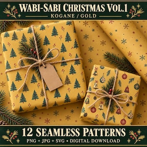 侘び寂びのクリスマス柄、シームレスデザイン12種類、コガネゴールド、PNG JPG SVG