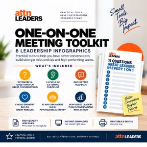 Puede incluir: El kit de herramientas para reuniones uno a uno de attn LEADERS incluye 8 infografías de liderazgo, 11 preguntas para líderes y herramientas prácticas para mejores conversaciones, con iconos de escucha, feedback y empatía.
