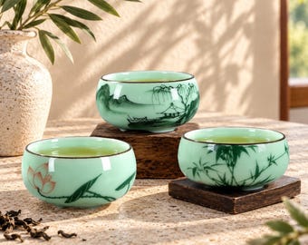 Celadon Porcelain Teacup Gongfu Tea Ceremony Cup Chinese Traditional Double Fish Design Bowl Lotus Bamboo Ceramic Art Jade Green Asian
