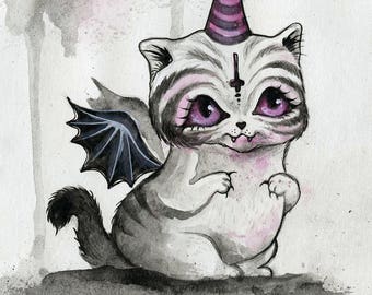 PAPER PRINT "The Vampurrr Bat" by Phresha - creepy cute white cat, vampire kitty, postcard, small art, witchy vibes