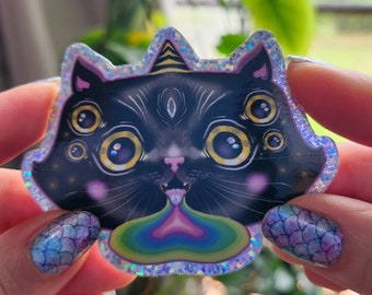 GLITTER VINYL STICKER - "Rainbow Meow" by Phresha - 3" glossy, waterproof, suitable for indoor and outdoor use