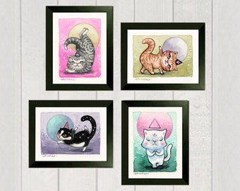 PAPER PRINT SET "Yoga Kitties" by Phresha - mini print series, cute whimsical cat art, watercolors, art for kids, inspirational art
