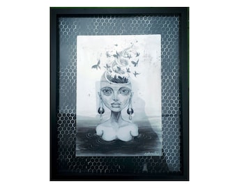 FRAMED ORIGINAL "Fleeting Thoughts" by Phresha - watercolor female figure, butterflies, black and white ink drawing