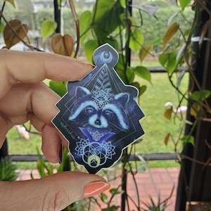 VINYL STICKER - &quot;Cosmic Scavenger&quot; by Phresha - 3&quot; satin, waterproof, raccoon sticker, suitable for indoor and outdoor use