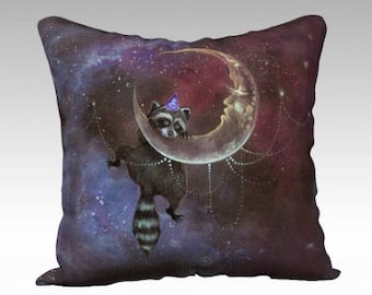 ART THROW PILLOW - animal throw pillow, velvet pillow, space pillow, surreal art, home decor, raccoon, moon, galaxy print, unusual decor