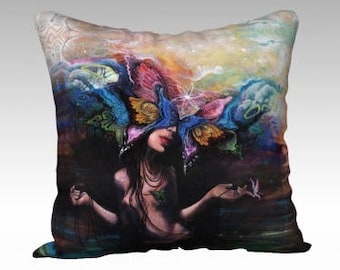 ART THROW PILLOW - surreal art, home decor, butterfly woman, velvet, decorative pillow, made in canada, unusual decor