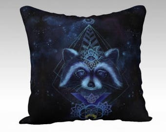 ART THROW PILLOW - raccoon decor, gift for animal lovers, velvet pillow, spirit animal, flower of life, geometry, galaxy, unusual decor