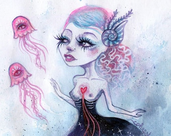 May include: Watercolor illustration of a woman with blue and pink hair, wearing a dark blue dress with a starry pattern. Two pink jellyfish float nearby. A red heart is visible on the woman's chest, with red lines extending down.