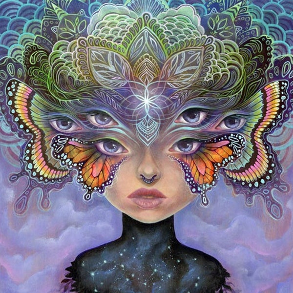 PAPER PRINT "Cosmic Chrysalis" by Phresha - fine art print, butterfly, spiritual psychedelic goddess art, sacred geometry mandala