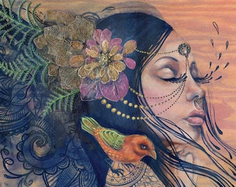 May include: A watercolor painting of a woman with closed eyes, adorned with floral and ornamental details. A small bird rests on her shoulder. The artwork features a blend of blues, oranges, and purples, creating a serene and artistic composition.