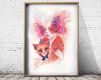 PAPER PRINT "Autumnal Flutterings" by Phresha - different size options, fox spirit, magical surrealism, watercolors
