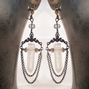 quartz and chain, crystal quartz, quartz point earrings, spiritual jewelry, yoga earrings, witch earrings, witchy jewelry, healing crystals