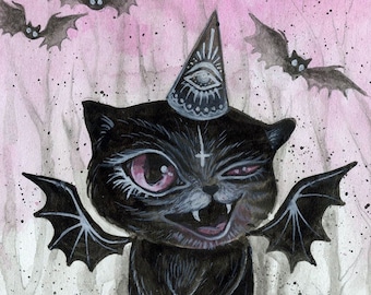 PAPER PRINT "The Derpy Vampurrr Bat" by Phresha - mini art print, vampire black cat bat, cute spooky witchy halloween, art for kids