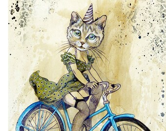 PAPER PRINT "Caturday Funday" by Phresha - pinup girl, postcard, hybrid animal, cat illustration, mini art print, trippy art