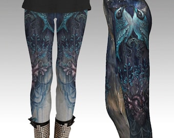 ART LEGGINGS "Strings of the Heart" by Phresha, made in Canada, yoga leggings, festival clothing, pretty boho leggings, birds, heart, flora