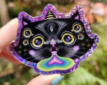 GLITTER VINYL STICKER - "Rainbow Meow" by Phresha - 3" glossy, waterproof, suitable for indoor and outdoor use