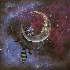 PAPER PRINT "Raccoon Moon" by Phresha - whimsical magical animal art, fine art digital print, crescent moon, raccoon fantasy art