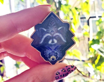 Cosmic Scavenger - acrylic or wooden pin badge for magical raccoon lovers