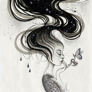 PAPER Print "Bewegt von der Musik" von Phresha - inspirierende Kunst, verschiedene Größenoptionen, schwarze Tinte Illustration, Festival Kunst, Porträt