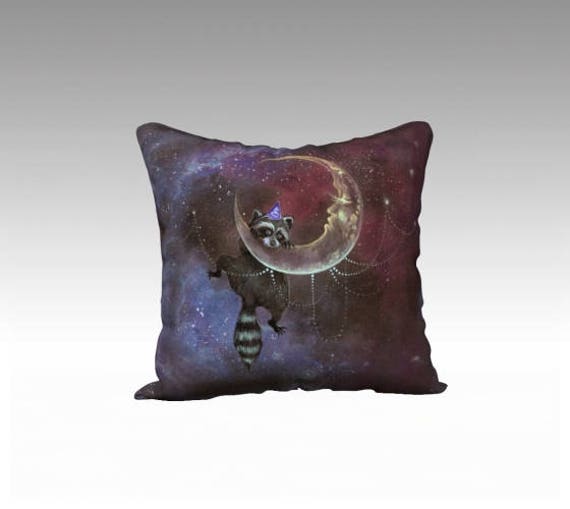 ART THROW PILLOW - animal throw pillow, velvet pillow, space pillow, surreal art, home decor, raccoon, moon, galaxy print, unusual decor