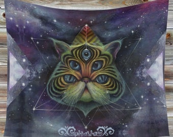 TAPESTRY "Intergalactic Feline" by Phresha - 3 different sizes, made in Canada, psychedelic art, space cat
