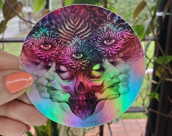 HOLOGRAPHIC STICKER "Binary Duality" by Phresha - round vinyl sticker, 3 x 3", trippy art