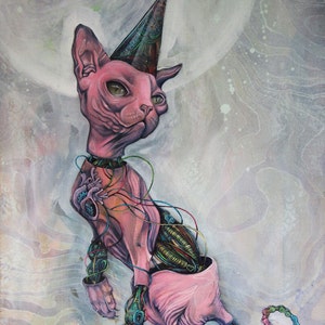 May include: A surreal painting of a pink Sphynx cat wearing a black cone hat. The cat's body is open, showing mechanical parts and colourful wires. The background is a soft blend of white and grey, creating an abstract effect.
