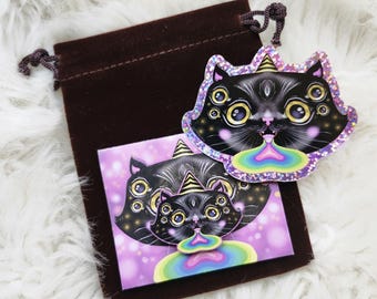 SPECIAL EDITION wood pin & sticker - "Trippy Kitty" by Phresha