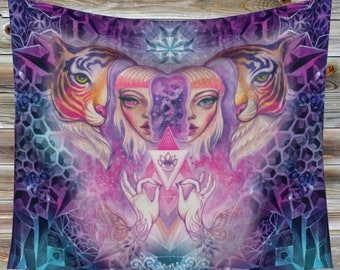 TAPESTRY "Layers of Purrr-ception" by Phresha - 3 different sizes, made in Canada, psychedelic art, gaia goddess energy