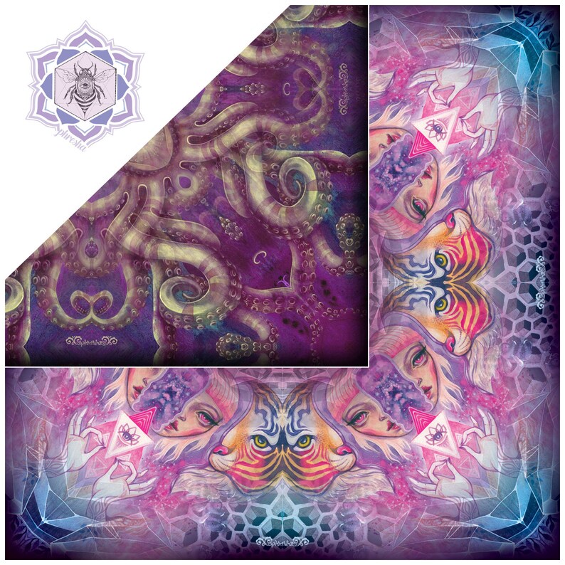 May include: A digitally created, abstract design featuring a purple and pink color scheme. The artwork includes images of octopus tentacles, faces, and geometric shapes. A logo with a bee and the text "sphynx" is in the upper left corner.