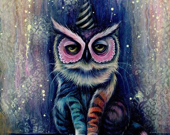 ニャーカラープリント｜猫とフクロウのハイブリッド動物アート - Etsy 日本